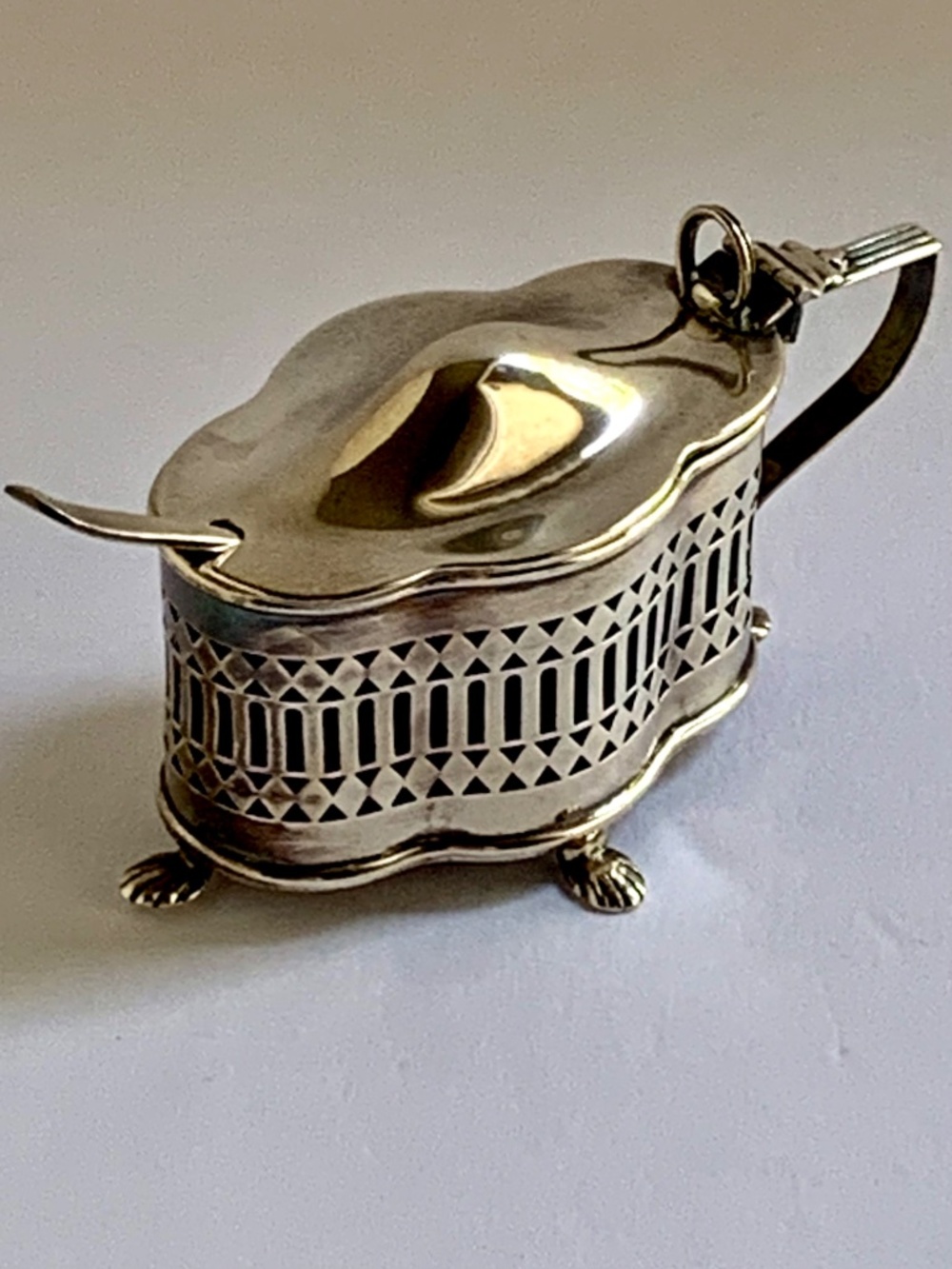 English Sterling Silver Mustard Pot Cobalt Glass Insert Spoon London Hallmarks